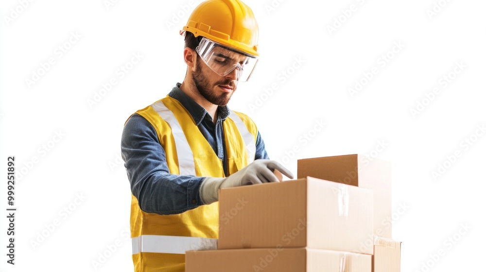 A production worker in safety gear, operating specialized equipment to assemble or package items, isolated on a white background. A production worker in safety gear, operating specialized equipment to assemble or package items, isolated on a white background.