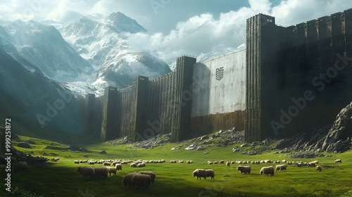 Peaceful sheep farm nestled within towering walls reminiscent of the epic landscape from Attack on Titan featuring lush green pastures grazing distant mountainous terrain