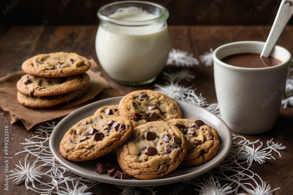 a plate of chocolate chip cookies and a cup of milk a plate of chocolate chip cookies and a cup of milk