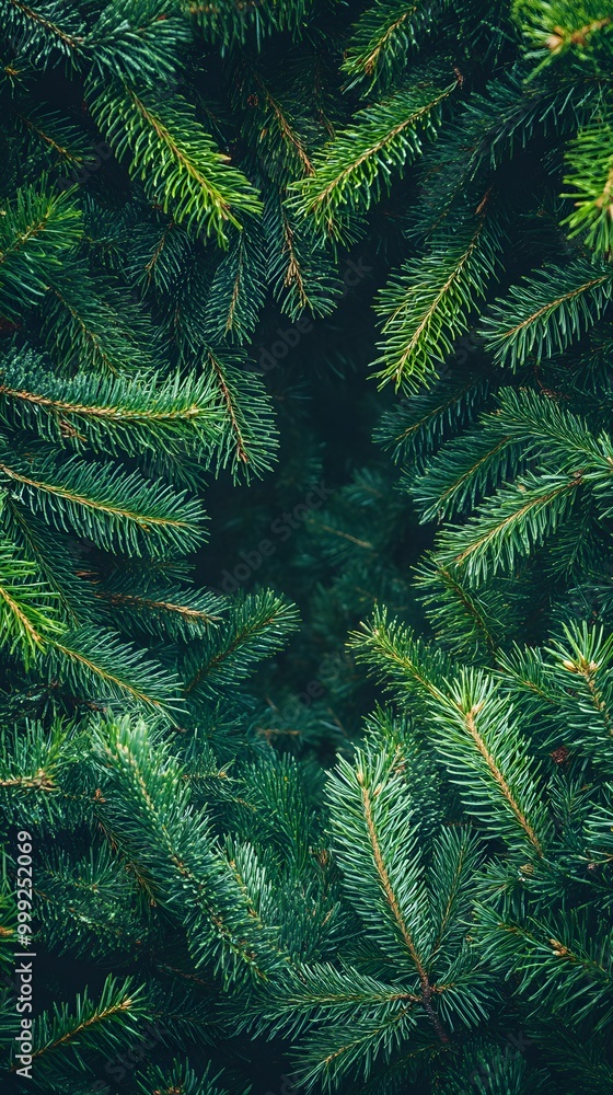 Holiday background with frame in the middle of evergreen tree branches, christmas and festive season concept, minimalistic design, copy space Holiday background with frame in the middle of evergreen tree branches, christmas and festive season concept, minimalistic design, copy space