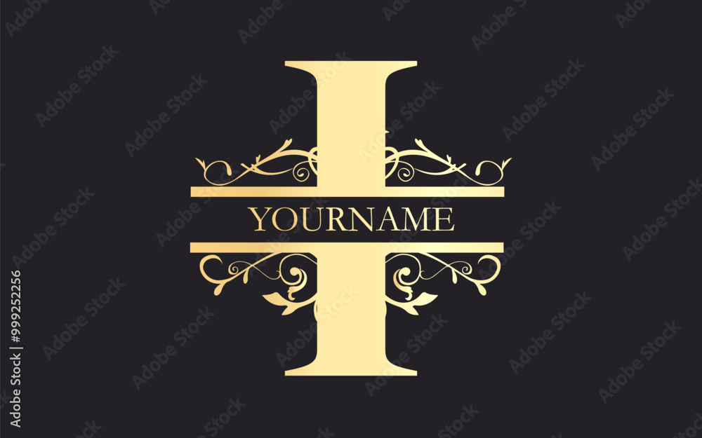Initial I floral Split Letter Monogram,luxury Wedding invitation Monogram Design,gold color on black background Initial I floral Split Letter Monogram,luxury Wedding invitation Monogram Design,gold color on black background
