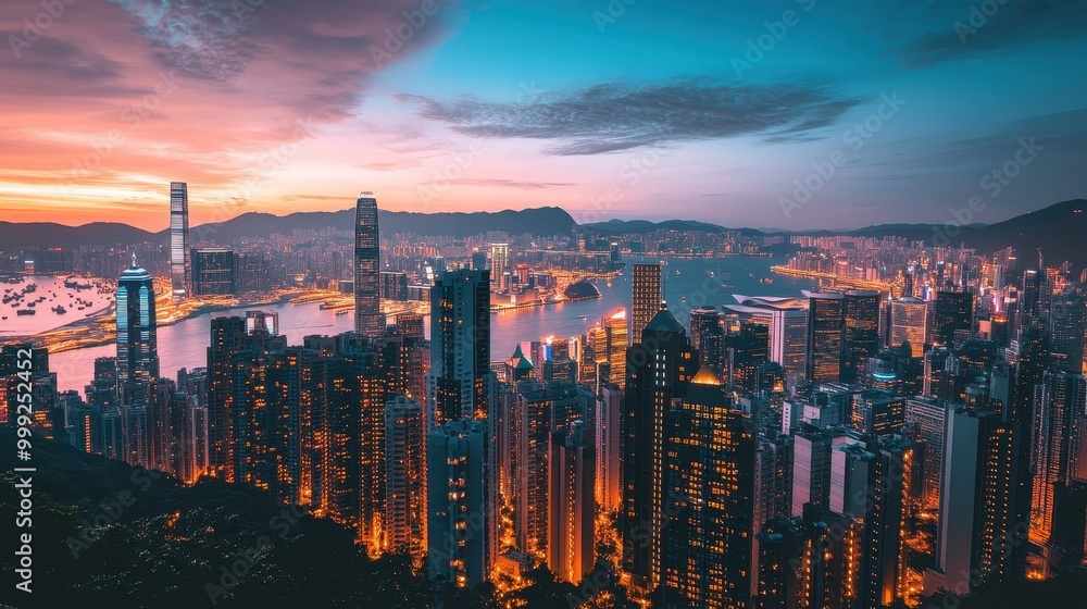 Fototapeta premium Vibrant city skyline at dusk, illuminated skyscrapers reflecting twilight hues, bustling urban atmosphere, dynamic energy of city life