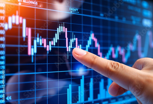 Office man finger touch hud, virtual screen with stock market changes, business candlesticks graph chart. Double exposure of blue and white lines, growing numbers, online trading