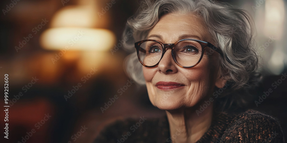 A senior woman in glasses looking away at home, generative AI A senior woman in glasses looking away at home, generative AI