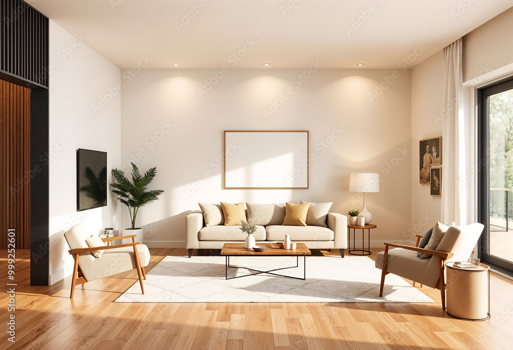 Fototapeta premium Modern villa living room design interior, beige furniture, bright walls, hardwood flooring, sofa, armchair with lamp