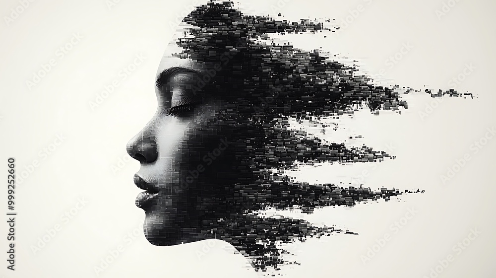 A woman's profile becomes pixelated, her face transforming into an abstract digital form. A woman's profile becomes pixelated, her face transforming into an abstract digital form.