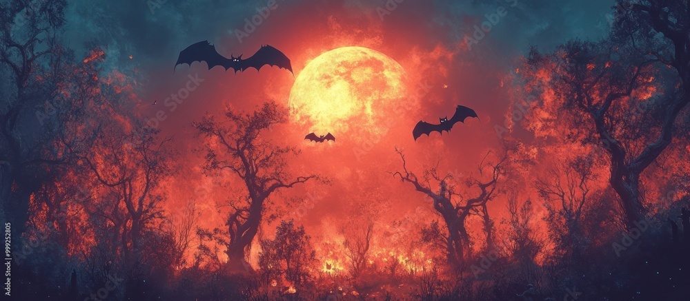 A full blood moon illuminates the dark forest with three bats flying in the red sky. A full blood moon illuminates the dark forest with three bats flying in the red sky.