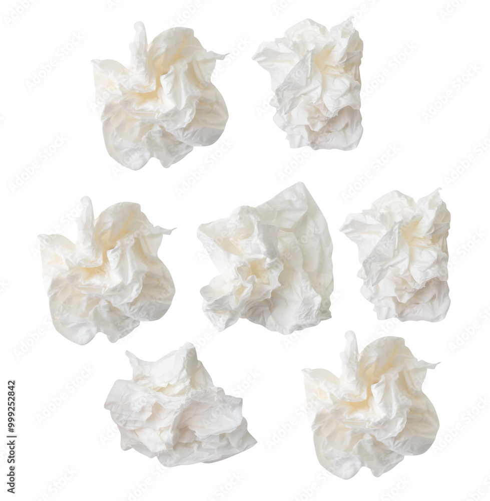 Top view set of screwed or crumpled white tissue paper ball isolated with clipping path in png file format Top view set of screwed or crumpled white tissue paper ball isolated with clipping path in png file format