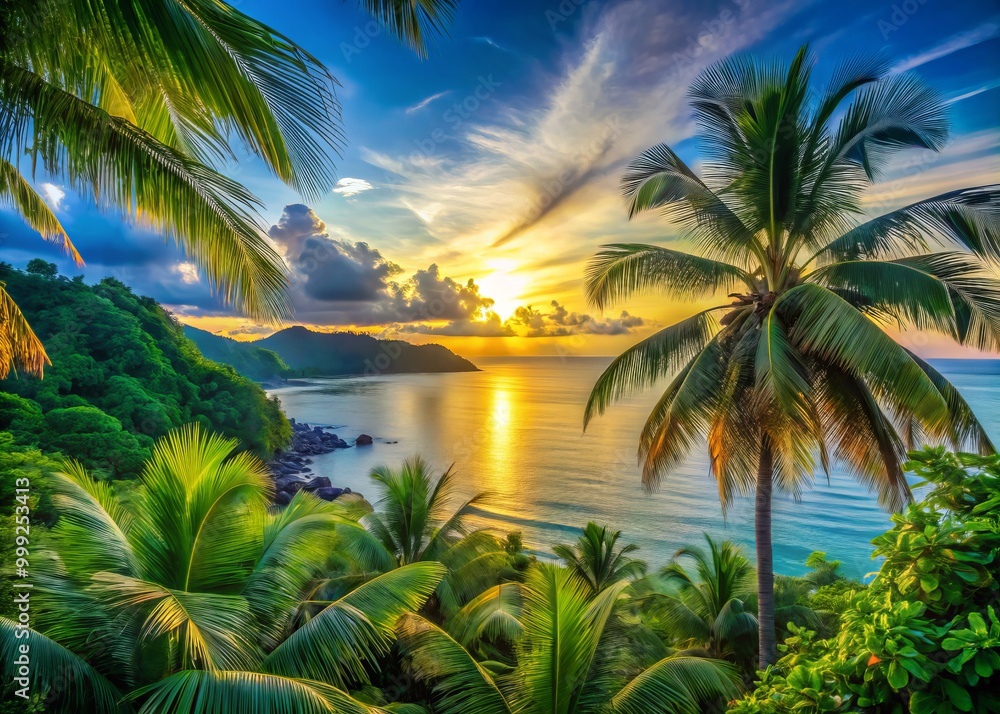 Tropical sunrise pours soft, creamy light onto the island's lush greenery, with the gentle sea breeze rustling palm fronds against a backdrop of limitless blue. Tropical sunrise pours soft, creamy light onto the island's lush greenery, with the gentle sea breeze rustling palm fronds against a backdrop of limitless blue.