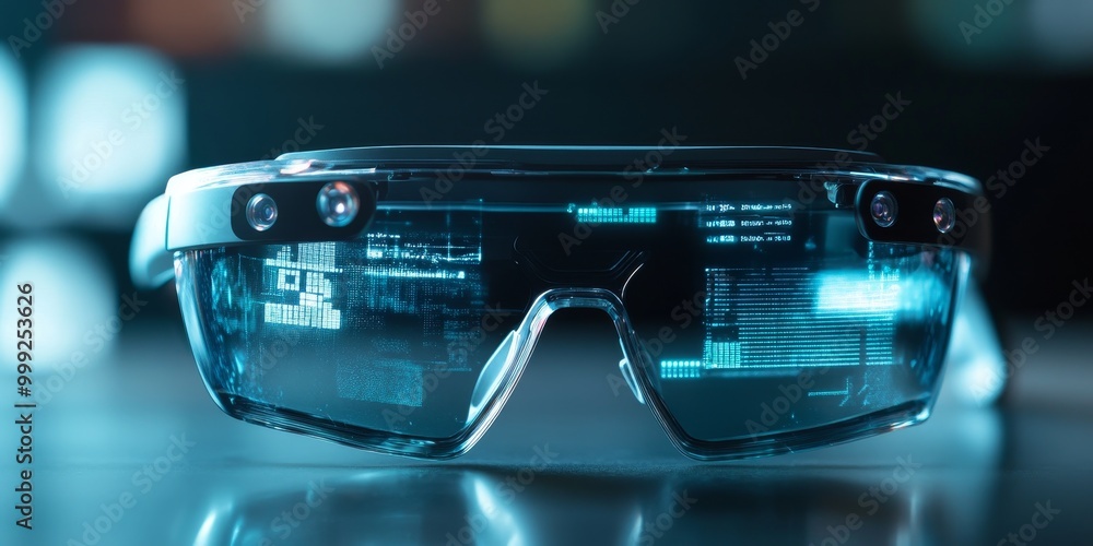 AR smart glasses with digital overlays displayed within the lenses, showcasing sleek design and advanced augmented reality technology. AR smart glasses with digital overlays displayed within the lenses, showcasing sleek design and advanced augmented reality technology.