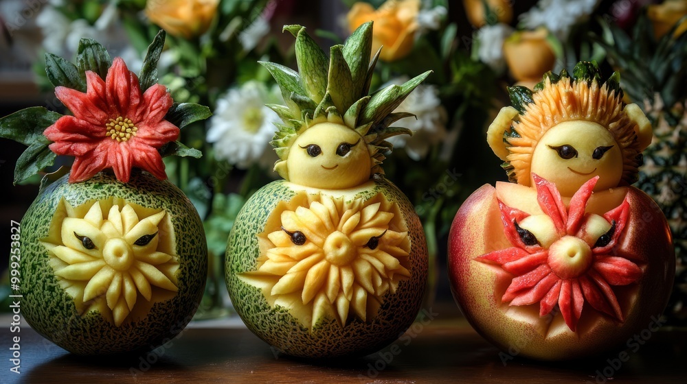 Edible fruit art, with creatively carved apples, melons, and pineapples in the form of flowers or animals, showcasing playful designs. Edible fruit art, with creatively carved apples, melons, and pineapples in the form of flowers or animals, showcasing playful designs.