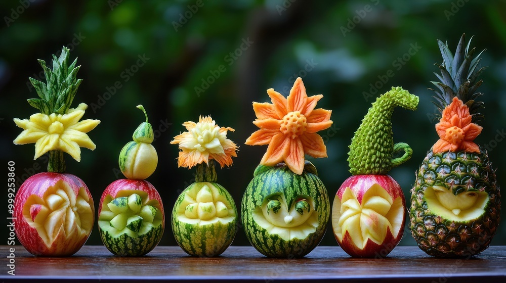 Edible fruit art, with creatively carved apples, melons, and pineapples in the form of flowers or animals, showcasing playful designs. Edible fruit art, with creatively carved apples, melons, and pineapples in the form of flowers or animals, showcasing playful designs.