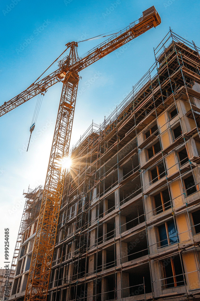 Hoisting crane, Construction at building site with crane. Hoisting crane, Construction at building site with crane.