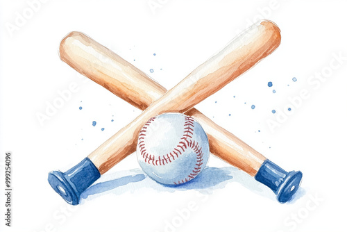 Watercolor illustration of pair of crossed baseball bats and baseball, showcasing playful and sporty theme. Perfect for baseball enthusiasts and art lovers alike