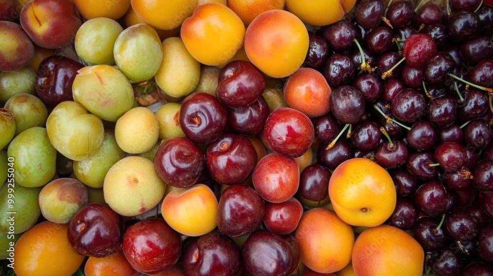 High-altitude grown fruits like cherries and peaches, known for their intense flavors and sweetness, freshly harvested for presentation. High-altitude grown fruits like cherries and peaches, known for their intense flavors and sweetness, freshly harvested for presentation.
