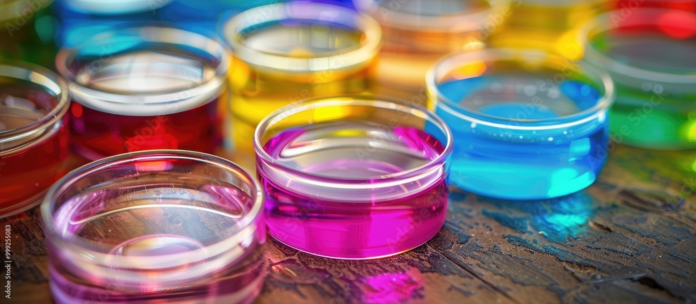 Group Of Petri Dishes With A Colored Liquids Group Of Petri Dishes With A Colored Liquids