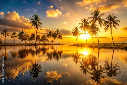 Golden light spills across the tranquil waters, warm hues dance across the sky, and distant palm trees sway gently in the morning breeze.