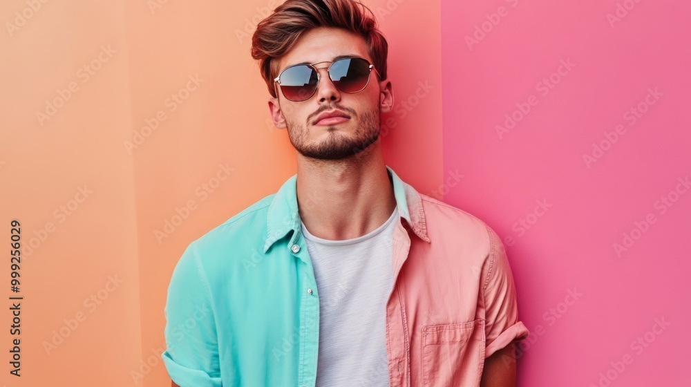 Stylish Young Man Posing Confidently Against Colorful Studio Background Stylish Young Man Posing Confidently Against Colorful Studio Background