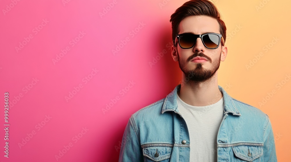 Confident and Stylish Man in Casual Outfit with Sunglasses Posing Against Vibrant Colored Background Confident and Stylish Man in Casual Outfit with Sunglasses Posing Against Vibrant Colored Background