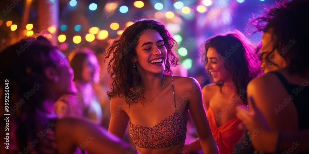 Teens dance together at a party, with a close-up on their movement and laughter, while dynamic lighting captures the vibrancy of youth culture Teens dance together at a party, with a close-up on their movement and laughter, while dynamic lighting captures the vibrancy of youth culture