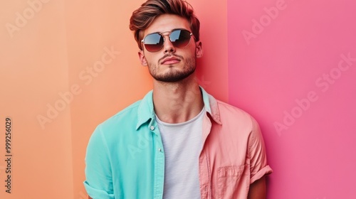 Stylish Young Man Posing Confidently Against Colorful Studio Background