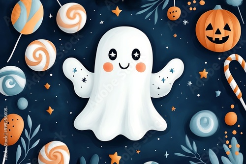 Cute Halloween ghost illustration surrounded by candy and pumpkins, perfect for festive decorations and seasonal designs.