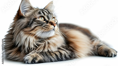 Fluffy Cat with Curious Eyes, Looking Up and Relaxing photo