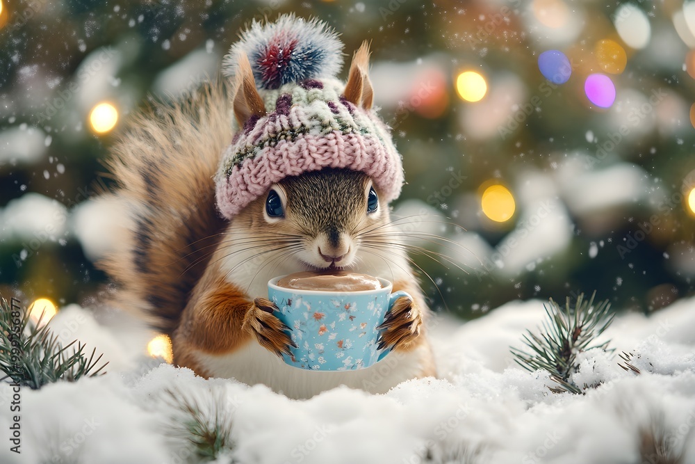 A cheerful cute squirrel in a knitted hat drinks cocoa from a cup against the background of a winter forest with fir trees, snow and colorful lights. Postcard for the New Year holidays A cheerful cute squirrel in a knitted hat drinks cocoa from a cup against the background of a winter forest with fir trees, snow and colorful lights. Postcard for the New Year holidays