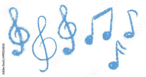 Chalk Textured Music Notes. Musical Note Sign Treble Clef. Kids pencil textured symbols. Freehand pastel childish hand drawn set. School paintbrush doodle collection. Vector illustration isolated
