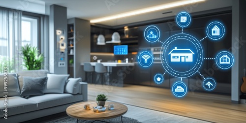 a smart home automation hub, with multiple devices seamlessly connected, demonstrating how IoT simplifies daily routines.