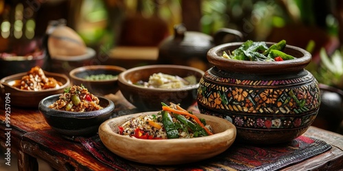 a traditional meal served in an authentic setting, with colorful dishes and unique flavors on display photo