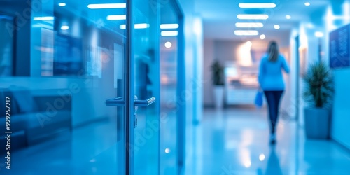 A person walks into a modern clinic, with a close-up on door handles and signage, as bright lighting reflects the welcoming and professional atmosphere