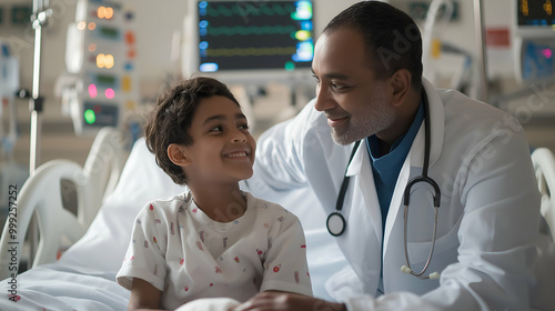A medical professional kneeling beside a young patientâ€™s hospital bed, offering comfort with a reassuring smile, medical monitors softly beeping in the background