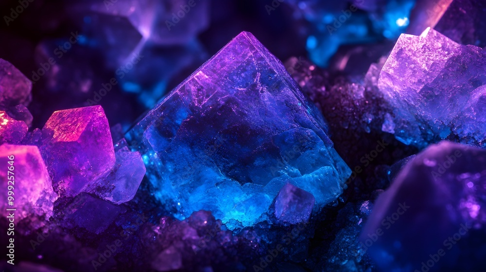 Mesmerizing glow of fluorescent minerals under ultraviolet light revealing intricate textures and colors in a striking contrast against the dark environment Mesmerizing glow of fluorescent minerals under ultraviolet light revealing intricate textures and colors in a striking contrast against the dark environment