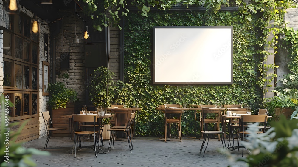 A cozy outdoor cafe adorned with greenery, featuring wooden tables and chairs, and a blank screen on the wall, perfect for events or movie nights. A cozy outdoor cafe adorned with greenery, featuring wooden tables and chairs, and a blank screen on the wall, perfect for events or movie nights.