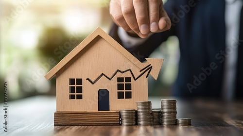 House price increase, value increase graph for real estate investment, housing or property, sales and market prices, rent or mortgage interest cost concept, businessman owner with rising arrow house.