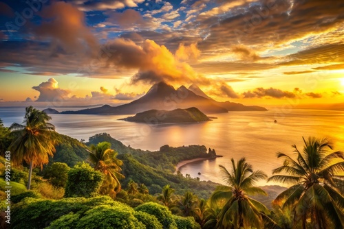 Golden hour awakens the sleepy tropical island, bathing the volcanic peaks and misty valleys in a kaleidoscope of warm hues, as the endless ocean stretches towards the horizon.