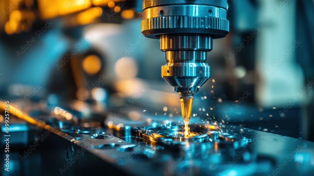 The milling head of a CNC machine rapidly cutting through mold pieces, oil coolant pouring over the cutting area for lubrication and cooling. The milling head of a CNC machine rapidly cutting through mold pieces, oil coolant pouring over the cutting area for lubrication and cooling.