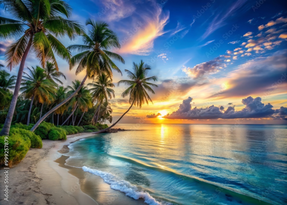 Tranquil Morning Paradise emerges with a warm glow as the sun rises over the vast expanse of cerulean blue waters and powdery white sandy shores lined with swaying palm trees and gentle sea spray. Tranquil Morning Paradise emerges with a warm glow as the sun rises over the vast expanse of cerulean blue waters and powdery white sandy shores lined with swaying palm trees and gentle sea spray.