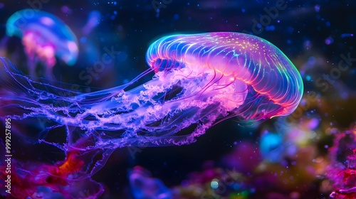 Captivating image showcasing the ethereal beauty of a fluorescent jellyfish drifting gracefully in an aquarium photo