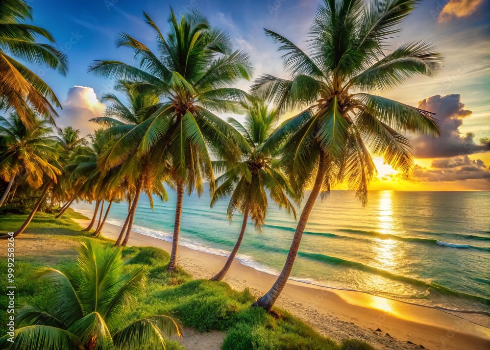 Obraz premium Warm golden light pours over the lush green palm trees and sandy white beach, casting a serene ambiance as the calm turquoise sea stretches out to meet the horizon.