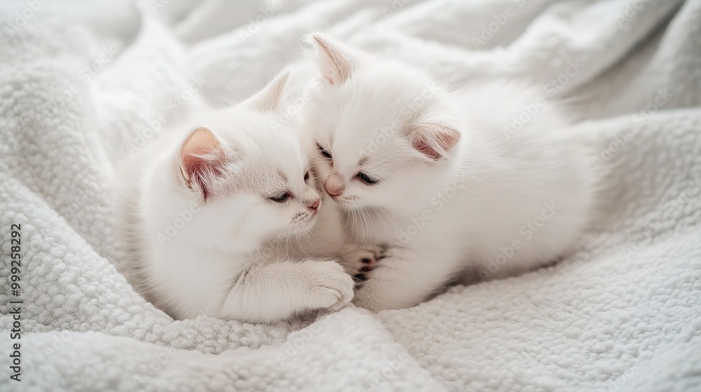 Obraz premium Lovely white kitten playing with each other. Cute little kittens relax on white blanket. Small cat. love and friendship. cute white kitten, british longhair. idea of tenderness and childhood.