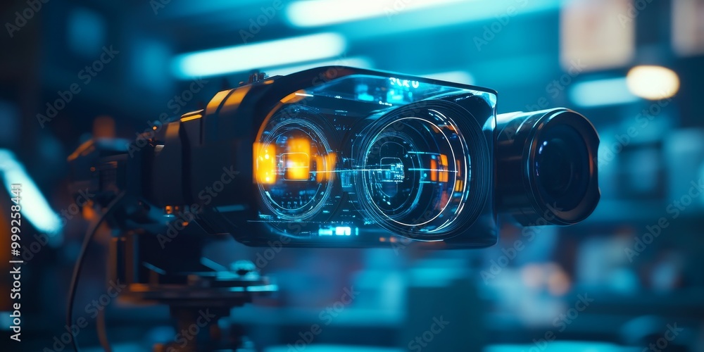 Macro shot of an AR devices camera module, capturing real-world data to produce precise augmented overlays, key for immersive experiences.