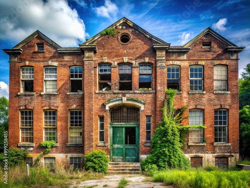 A rundown, crumbling brick school building with broken windows, rusty gates, and overgrown surroundings, conveying a sense of neglect and abandoned education. photo