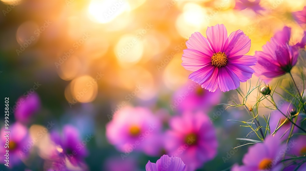 Fototapeta premium Panoramic blooming cosmos flowers with morning sunset and bokeh in the garden.beautiful flower festival concept. in summer 