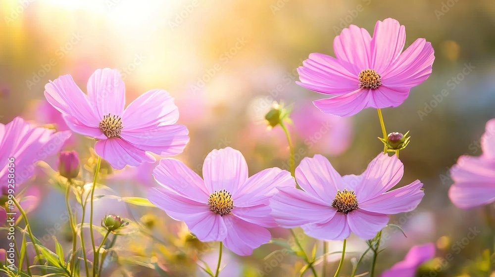 Pink cosmos flowers blooming in the garden under sunlight Pink cosmos flowers blooming in the garden under sunlight