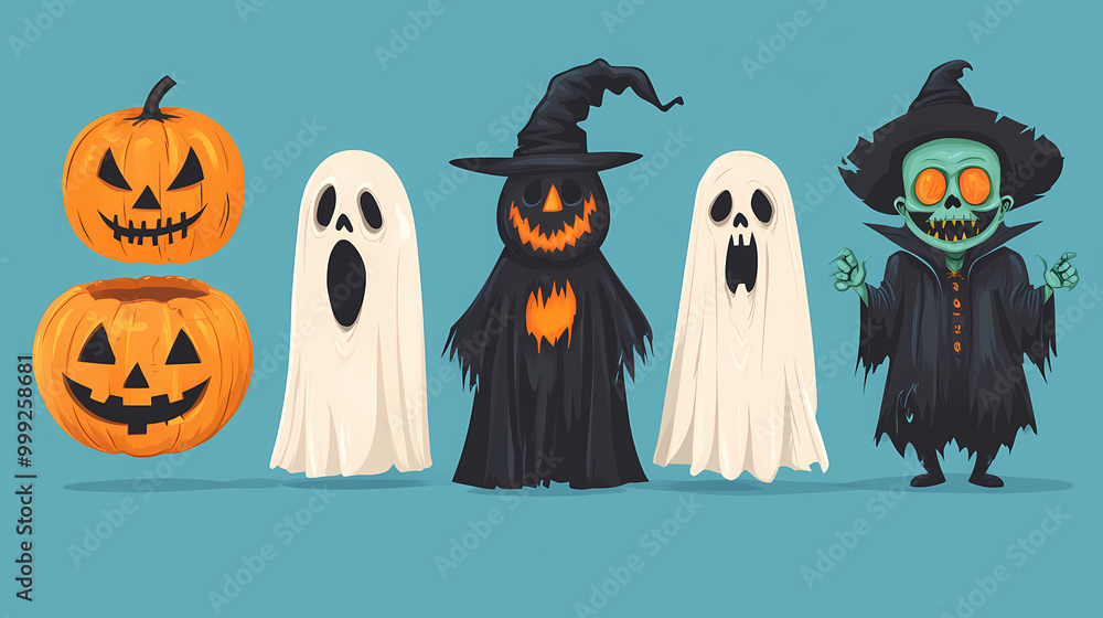 Halloween characters horror vector set design. Halloween character like grim reaper, ghost, pumpkin and Frankenstein. Halloween characters horror vector set design. Halloween character like grim reaper, ghost, pumpkin and Frankenstein.