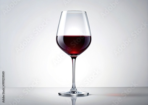 A single, elegant wine glass stands upright on a crisp white background, filled with a rich, full-bodied red wine, awaiting its next savored sip.