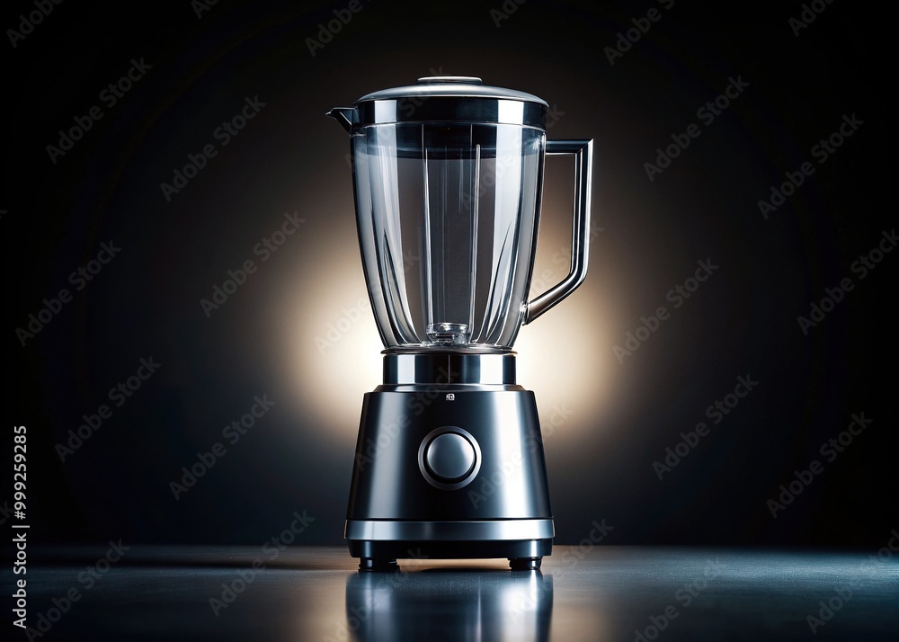 A sleek modern blender stands against a dark background, its curves and blades starkly illuminated, casting a dramatic silhouette of kitchen efficiency and power. A sleek modern blender stands against a dark background, its curves and blades starkly illuminated, casting a dramatic silhouette of kitchen efficiency and power.
