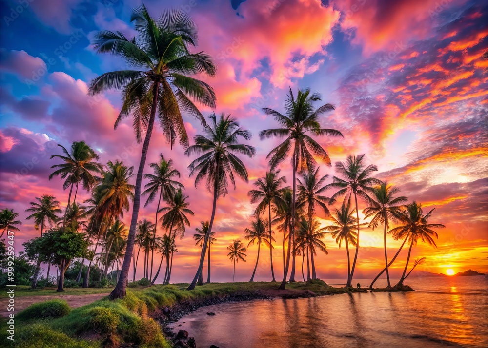 Vibrant Colors dance across a tranquil tropical landscape as sunrise paints the sky with hues of pink and orange, casting a warm glow on majestic palm trees and sun-kissed shorelines. Vibrant Colors dance across a tranquil tropical landscape as sunrise paints the sky with hues of pink and orange, casting a warm glow on majestic palm trees and sun-kissed shorelines.